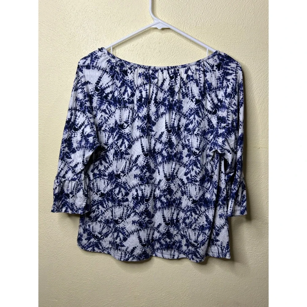 Michael Kors Blue White Tie Dye Ruffle Sleeve Top Medium Scoop Neck Shibori